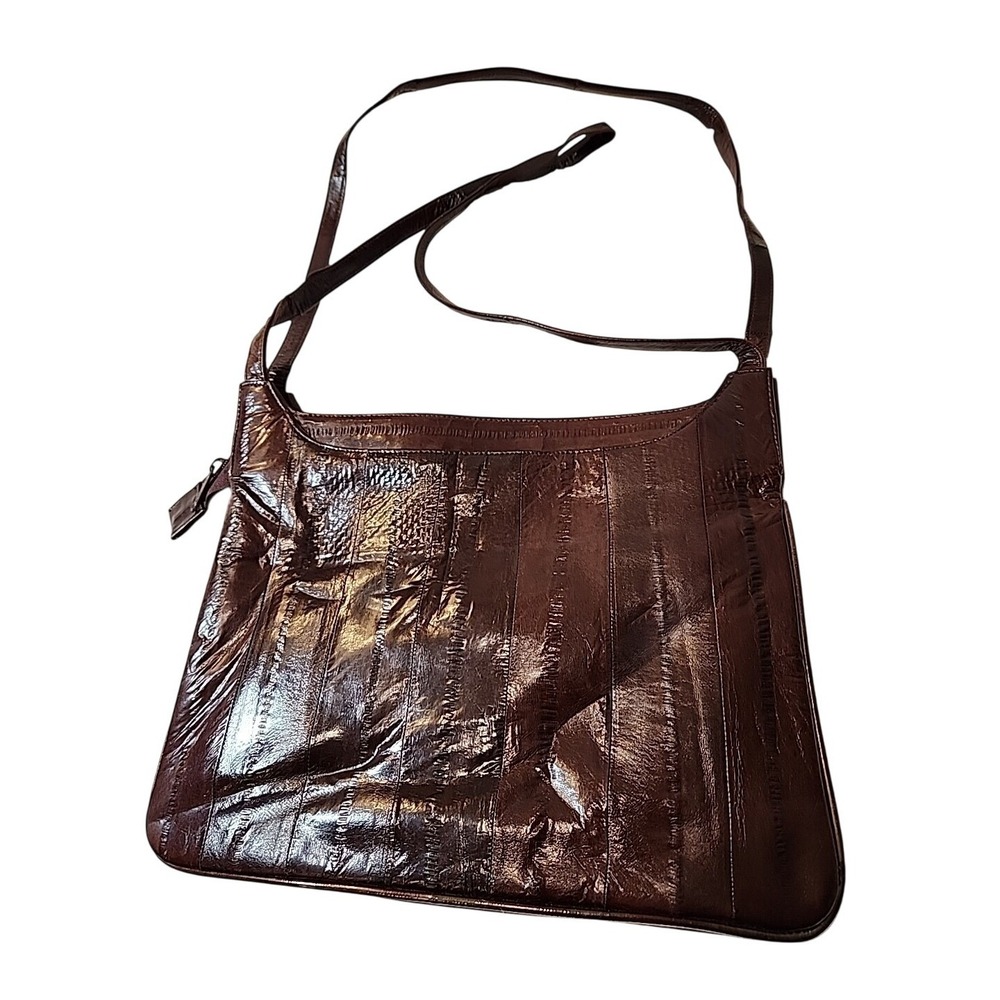 Vintage Genuine Eel Skin Crossbody Bag Mahogany Brown Made in Korea Rectangular